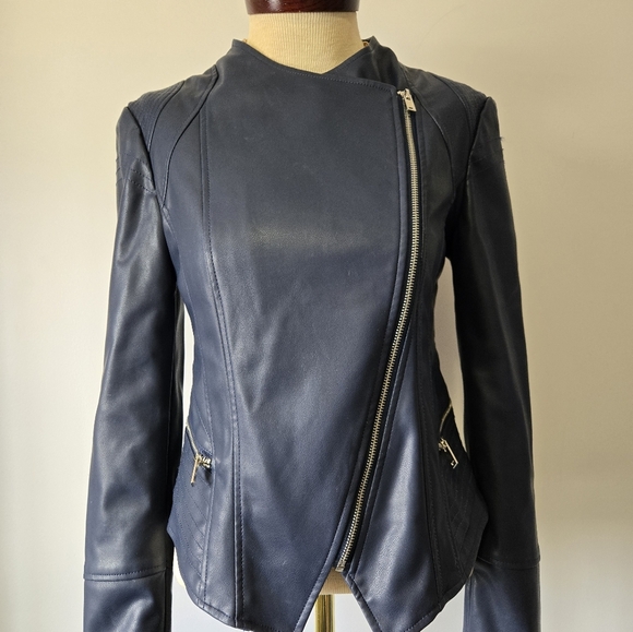 WILLI SMITH Navy Faux Leather Fitted Moto Jacket. Size Small - Picture 10 of 16